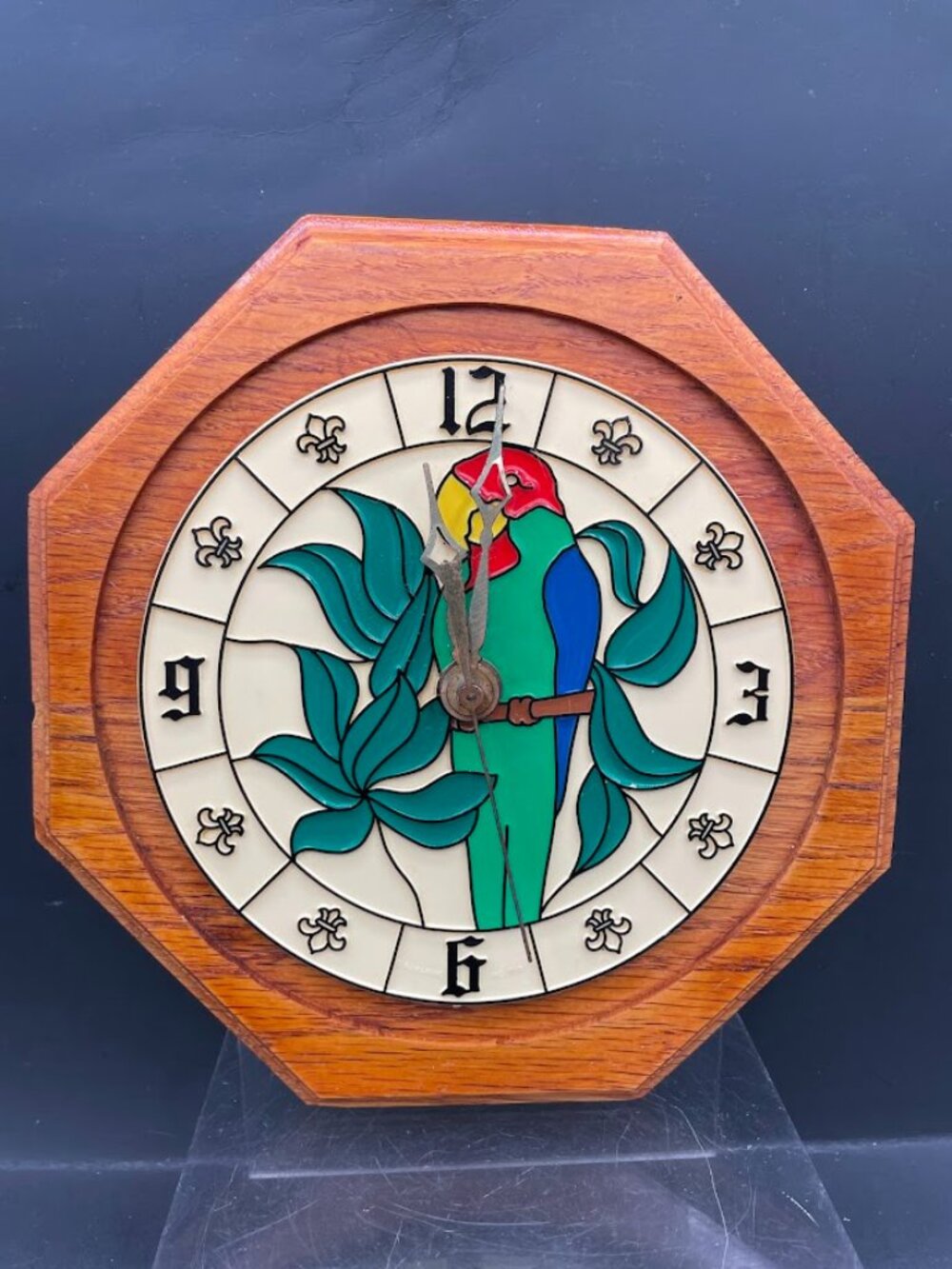 Handcrafted Faux Stained Glass Green Parrot Octagonal Wall Clock Wood Base Works